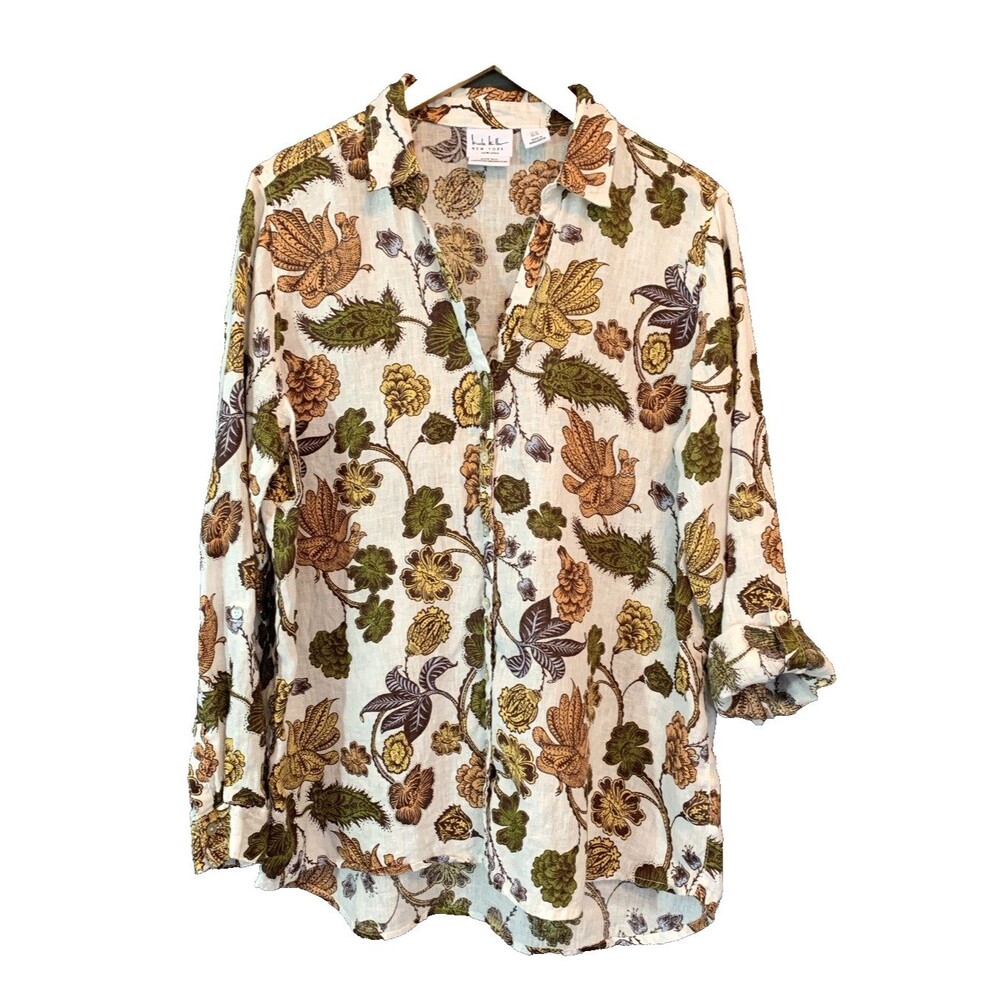 Nicole Miller European Flax Linen Shirt XL Earthy Floral Bird Button-up Roll-tab